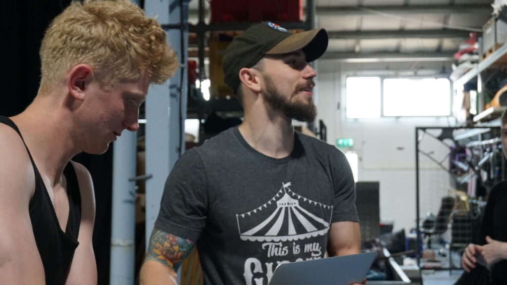 Seb Koci (performer)and Luke Chadwick-Jones (rehearsal director) in ON EDGE rehearsals