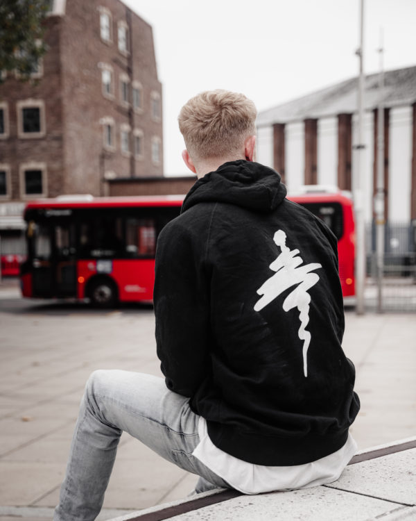 Unisex organic cotton hoody showing the back with the Justice in Motion figure